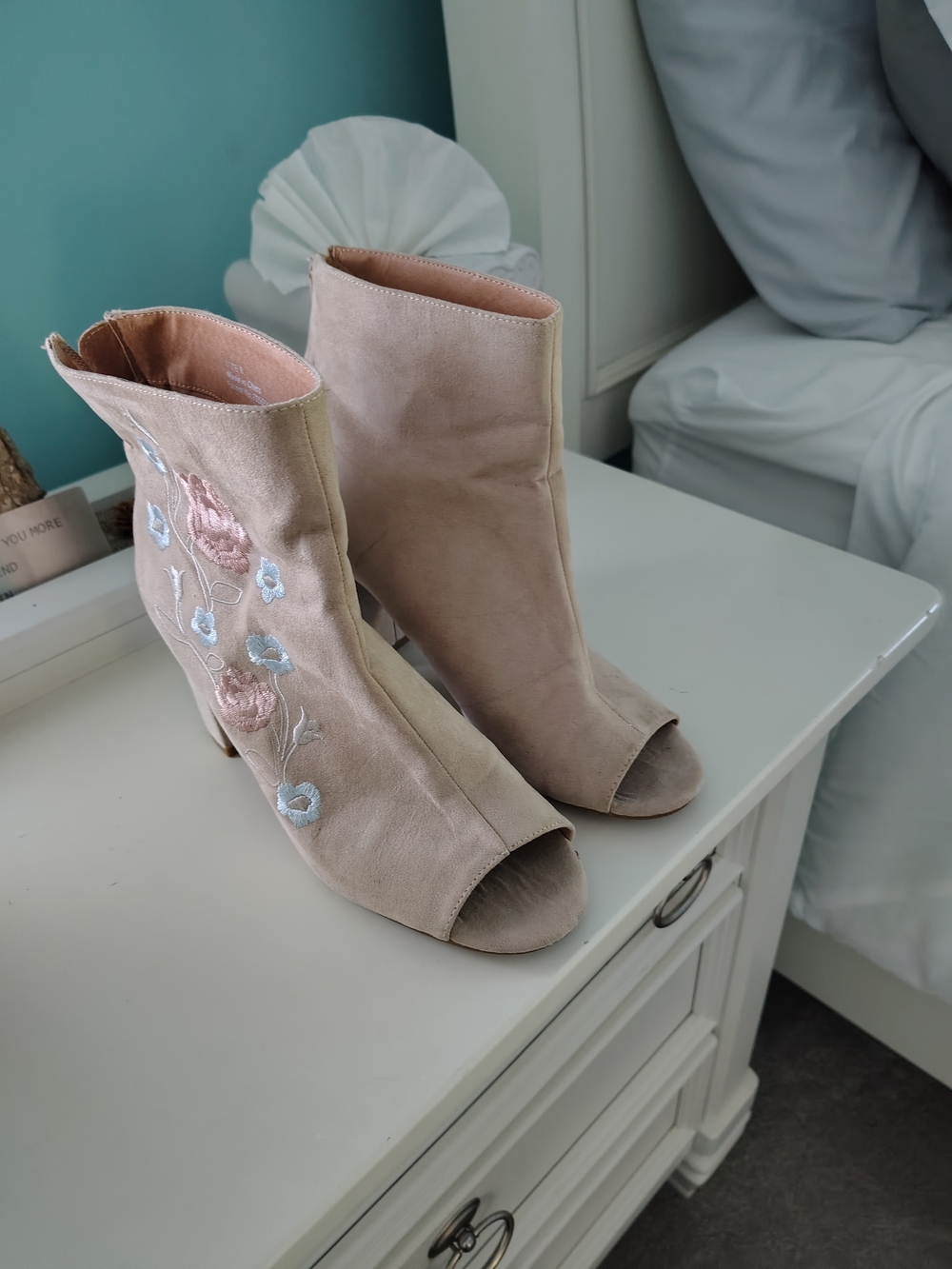 Womens Beige Embroidered Peep-Toe Ankle Boots